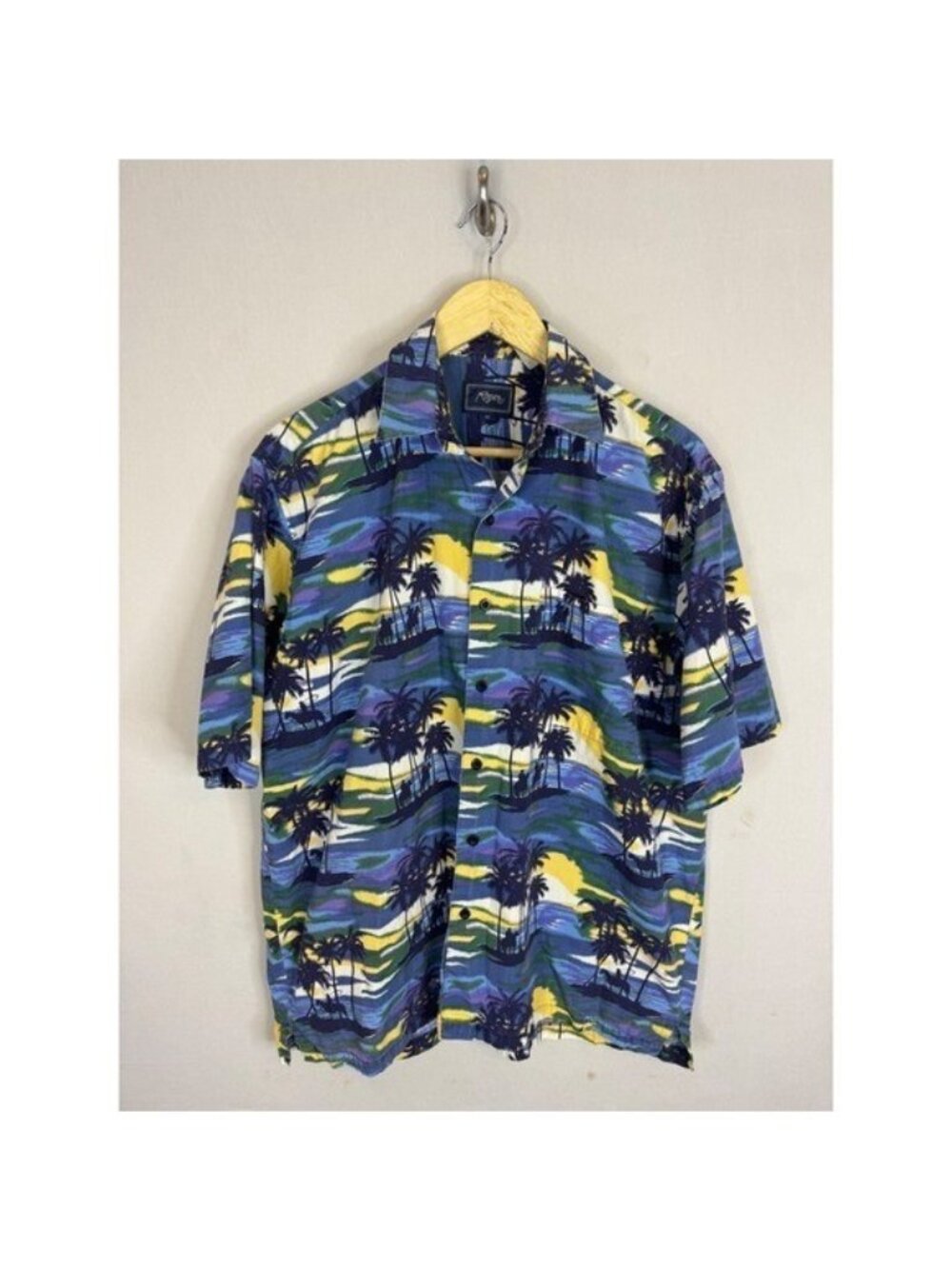 Roper Mens Tropical Horseback Sunset Print Button Down Shirt Blue Yellow M